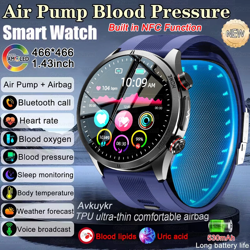 2026 جديد تحليل صحة القلب NFC مضخة هواء + كيس الهواء الساعات الذكية الرجال دقيقة ضغط الدم حمض اليوريك ECG سوار ذكي كبار السن