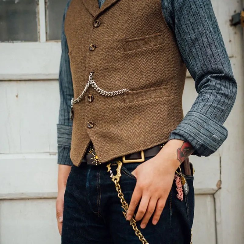 

New Autumn American Retro Classic Herringbone Tweed Khaki Suit Vest Workwear Men's Gentleman