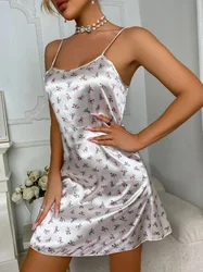 Women Nightgowns Faux Satin Silk Sleepwear Floral Sling Nightdress Nightwear Dresses Sexy Lingerie Gown Housewear Robe Homedress