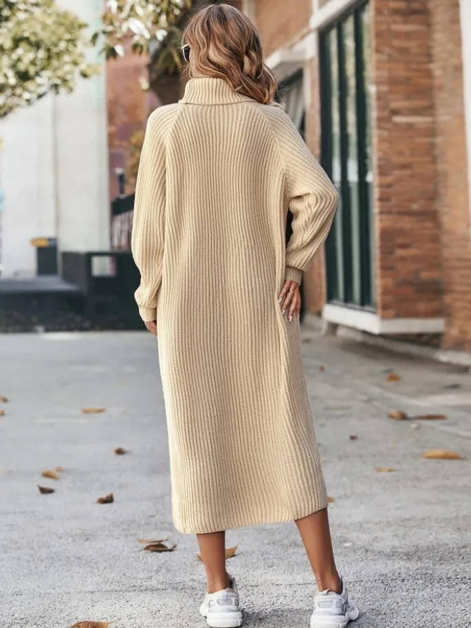Winter New Women\'s Fashion Temperament Elegant Slim Fit Coat Long Woolen Dress Loose Casual High Neck Knitted Dress
