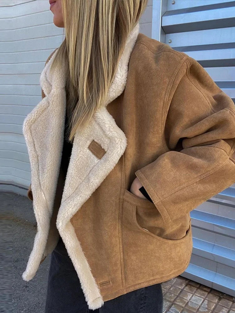 Lamb Wool Solid Winter Women Coat Loose Lapel Single-breasted Female Jackets 2024 Warm Chic Long Sleeve Big Pocket Lady Overcoat