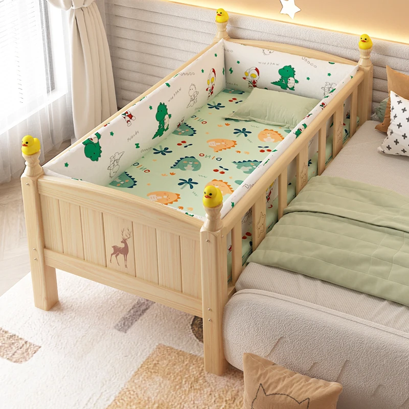 

Solid wood children's with guardrail small b ed baby boy girl princess bed single bedside be d widened splicing b ed