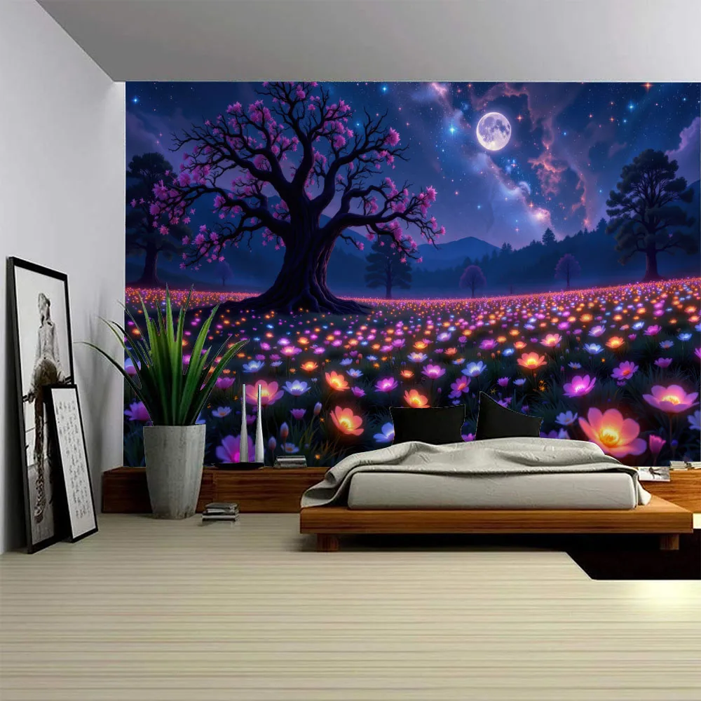 Bohemian Luminous Floral Tapestry Starry Sky Aesthetic Wall Hanging Cloth Art Home Dormitory Decoration