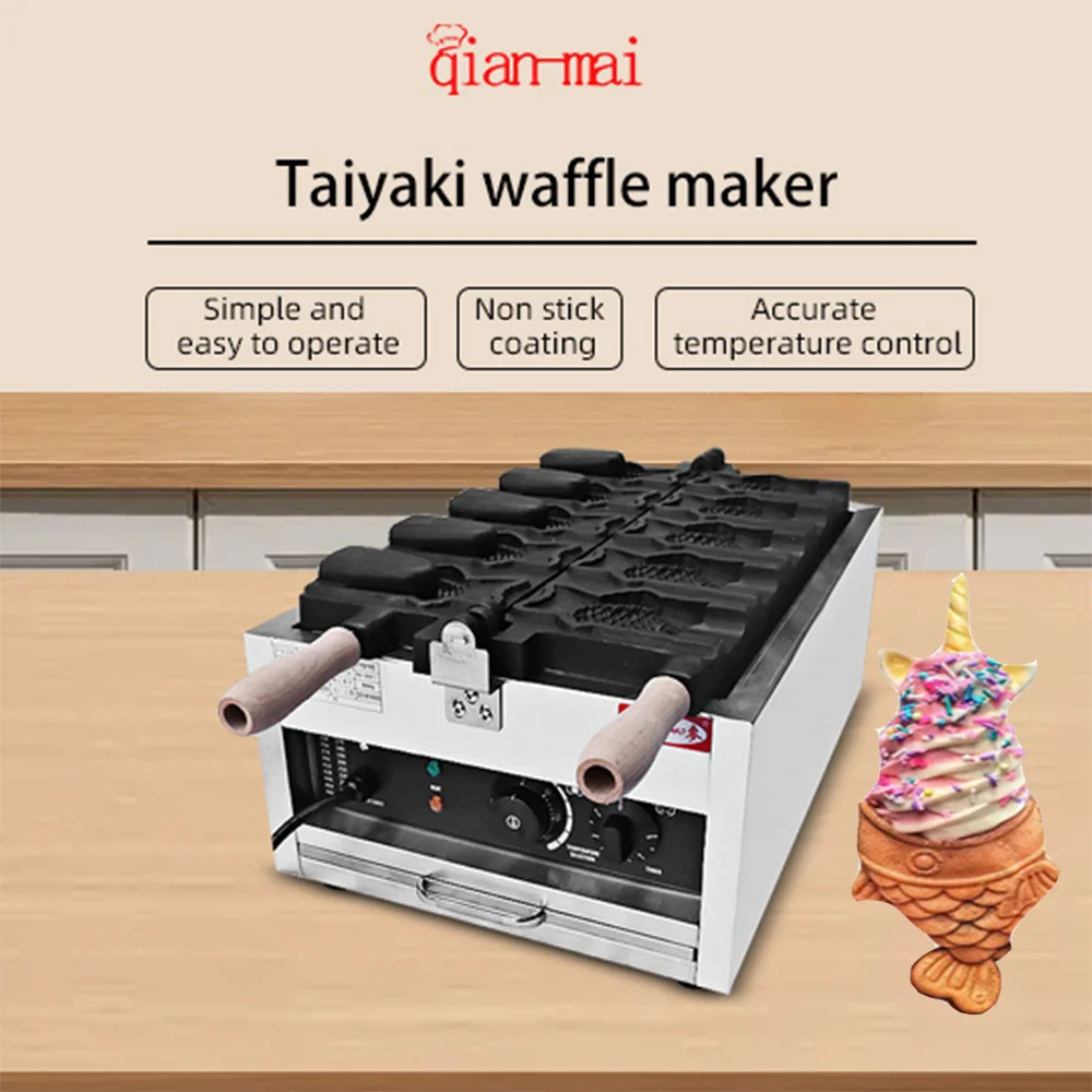 5Pcs Ice Cream Taiyaki Machine Commercial Electric Fish shaped Open Mouth Waffle Maker Non-stick Ice cream Cone Taiyaki Machine