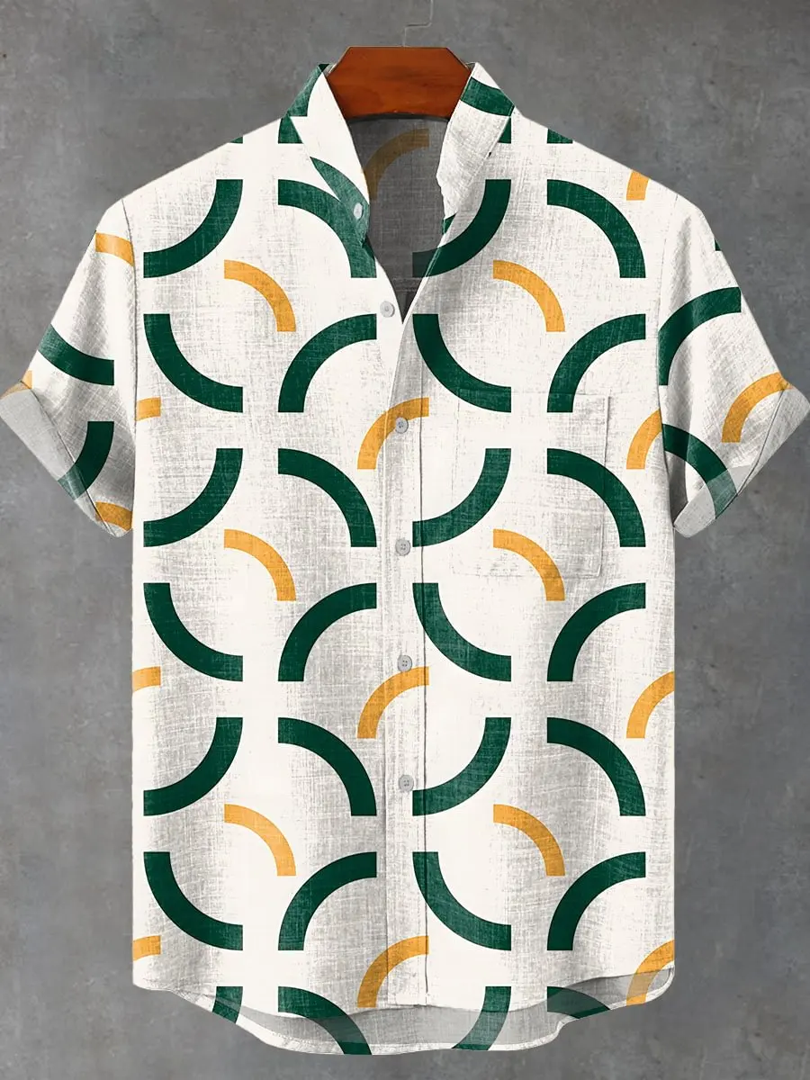 صيف 2025 قميص الباتيك فن أنيق رائع نمط الطوطم الكتان الرجال قميص قصير الأكمام عادية مريحة زر علوي