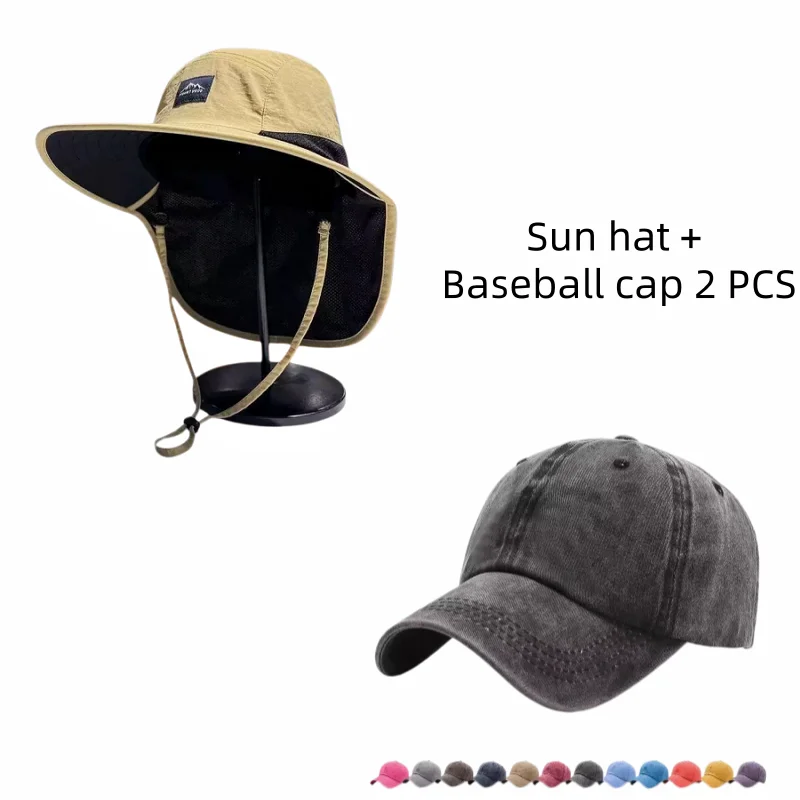 2PCS Hat Set UPF 50+ Neck Flap Sun Hat & Vintage Washed Distressed Baseball Cap Anti‑UV Breathable Adjustable Outdoor Fishing Be