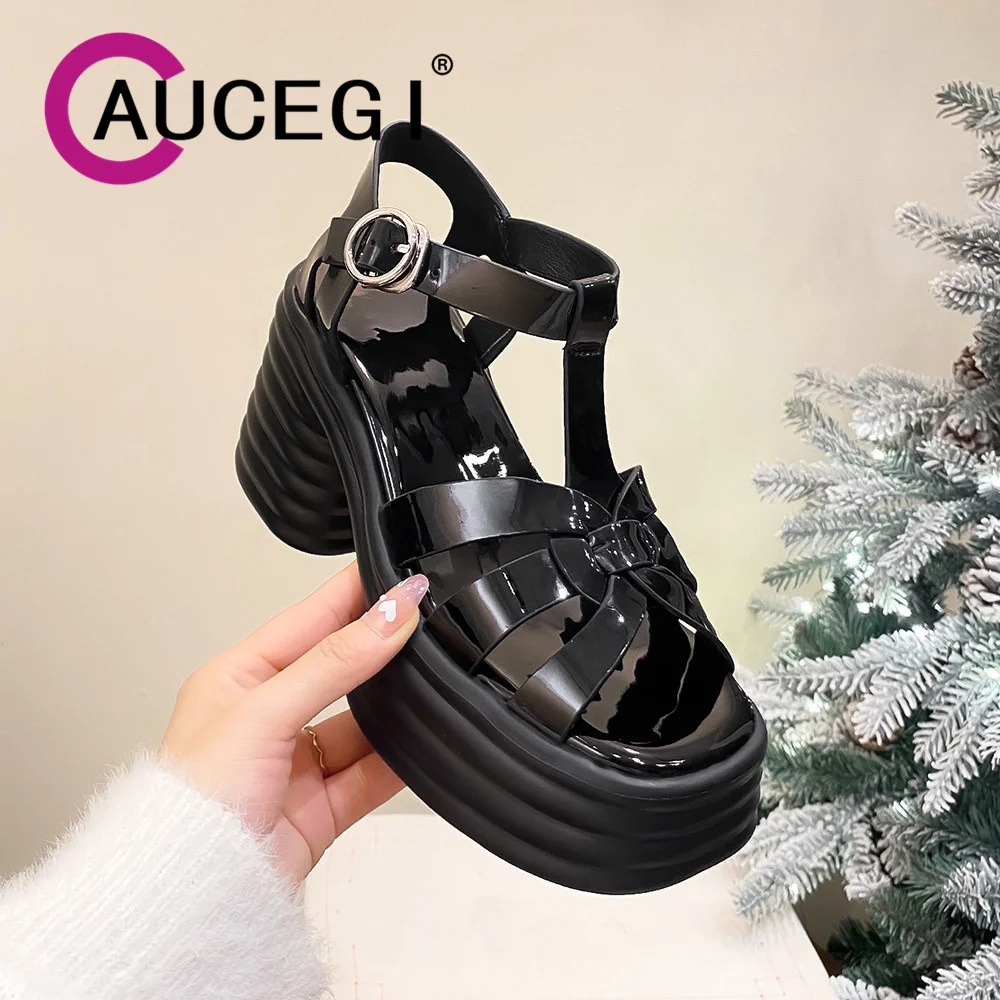 

Aucegi Women Elegant Gladiator Rome PU Leather Sandals Luxury Designer Platform Chunky High Heels Buckle Strap Party Shoes