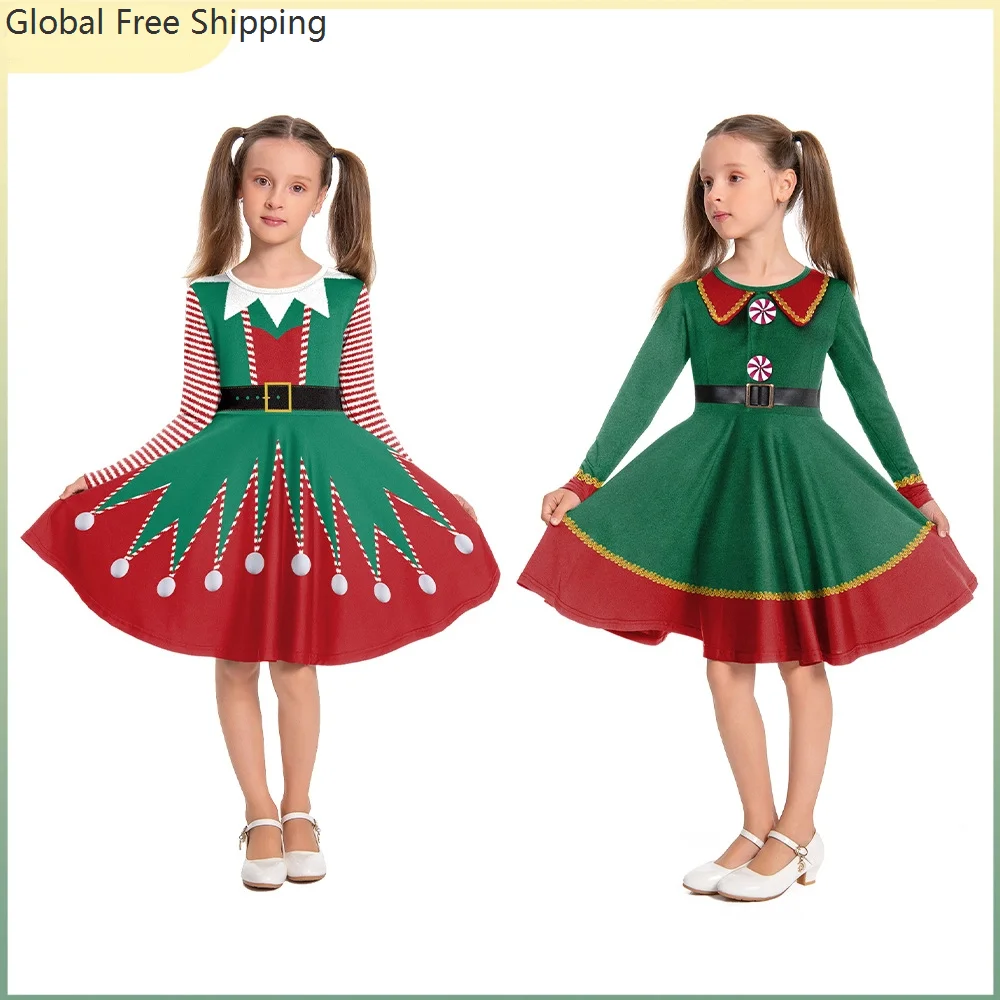 

Children's Christmas Costume Christma Party Role Play Stage Dress Girl Birthday Dress Elf Dress Up Print Long Sleeve Skirt 2025