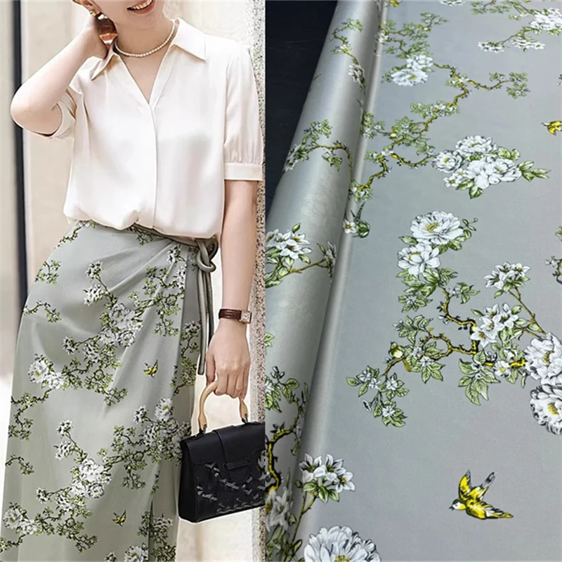 

Summer Soft Clothing DIY Materials Plum Blossom Print High-quality Handmade Shirts Dresses Luxurious Mulberry Silk Fabric Satin