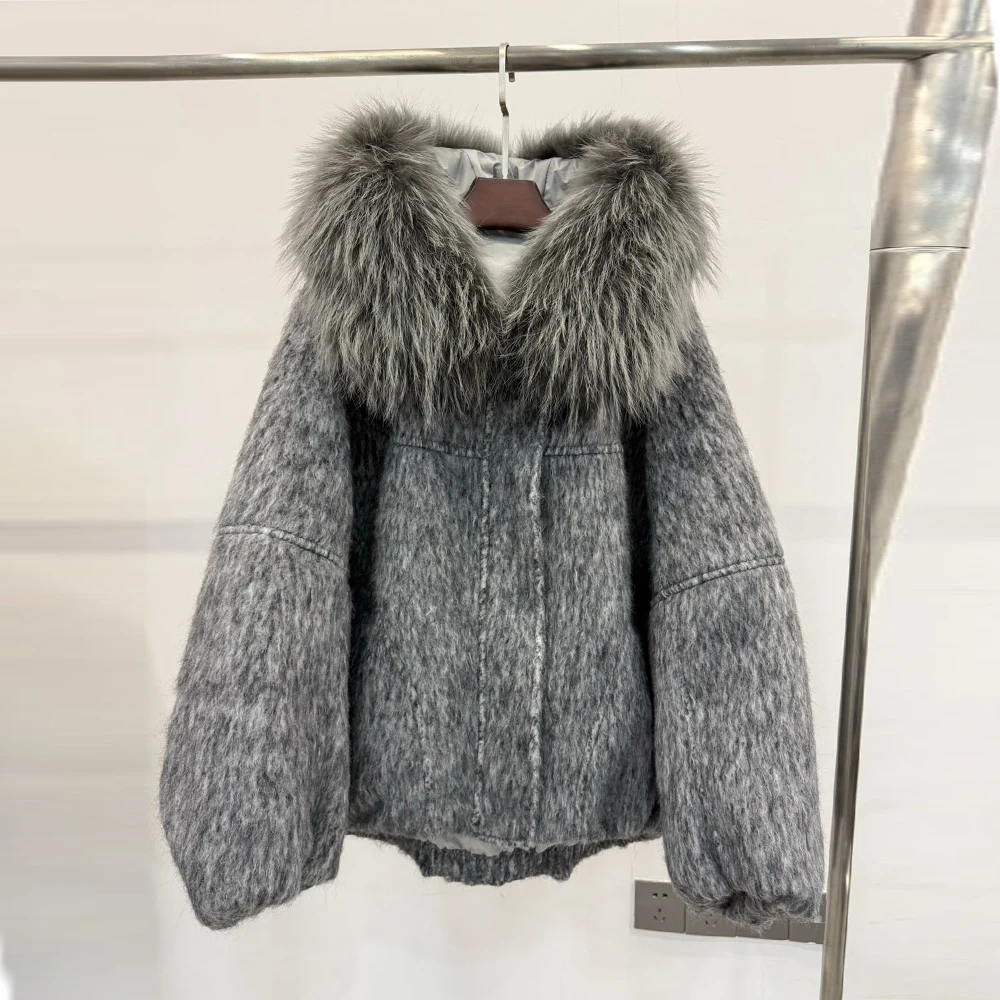 2025, neuer Damen-Wollmantel mit Thiened Ort-Down-Jacet-Pelzkragen, warm, lässig, normal geschnitten, weiße Gänsedaunenfüllung