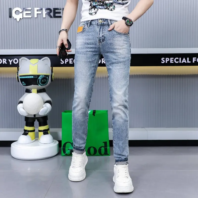 Fashion high-end jeans men\'s summer thin trendy simple and light luxury men\'s clothing slim-fitting small straight casual pants