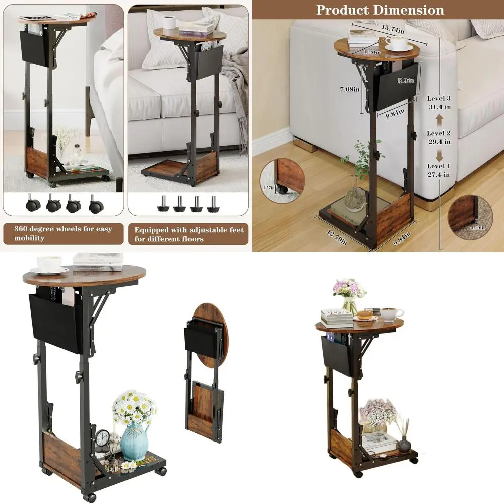 

Rustic Brown Folding C-Shaped Sofa Side Table with Storage and Wheels for Living Room & Bedroom