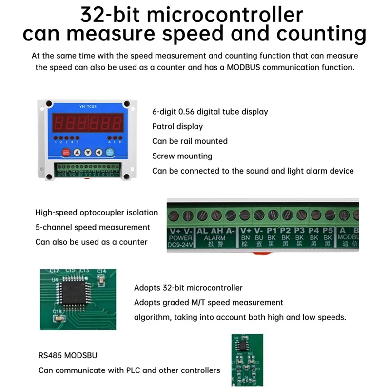 FYBL-5 Channel Hall Sensor Stop Tachometer Non-Contact Type DC12~ 24V Motor Speed Meter With RS485 MODSBU Communication