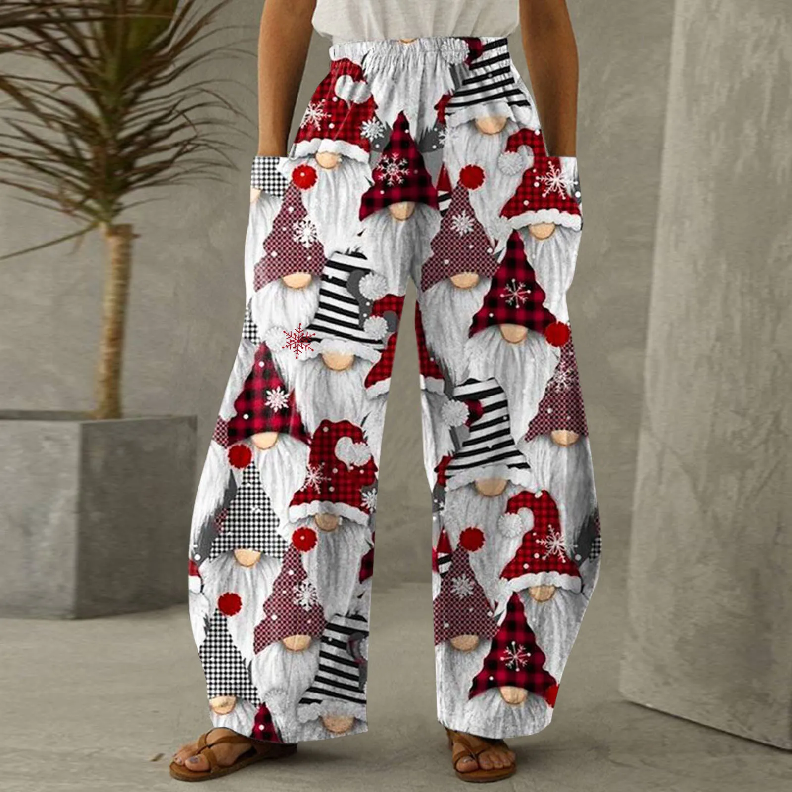 Christmas Print Sweatpants Women Xmas Bottoms Trousers Wide Leg Straight Reindeer Print Pants Female Elk New Year Pantalones