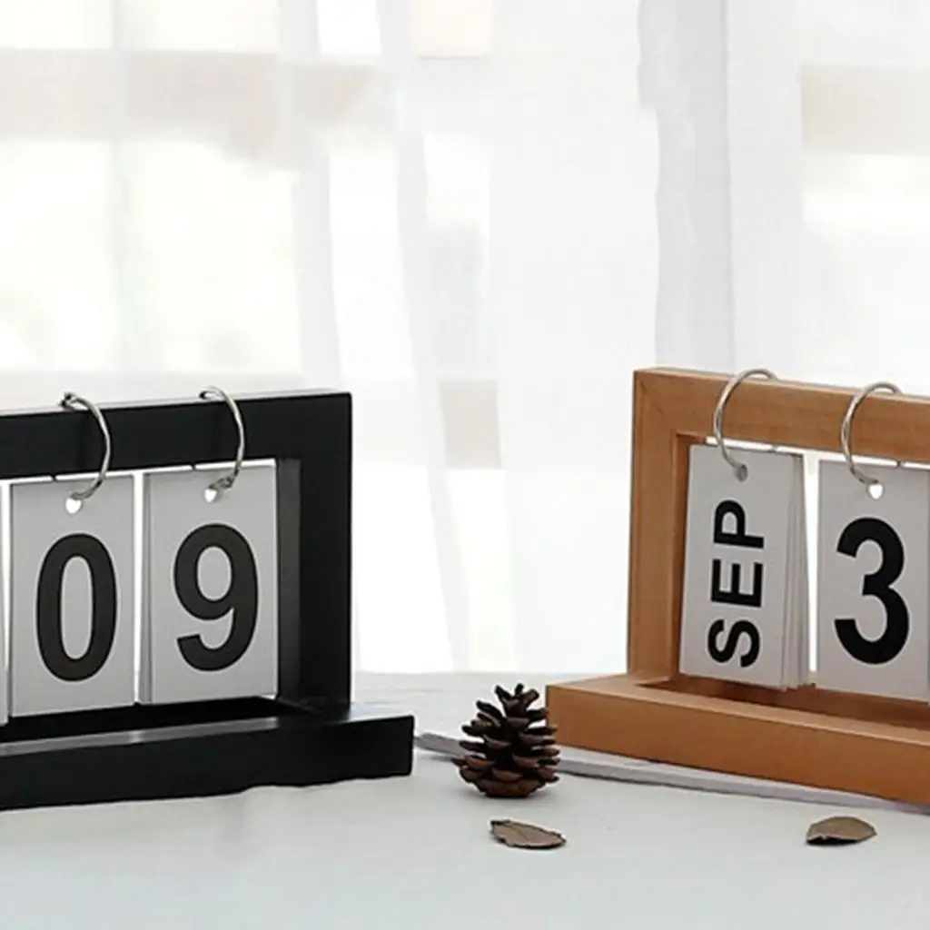 Wooden Perpetual Calendar Flip Desk Organizer Desktop Tabletop Date Display for Office Decor and Home Gift