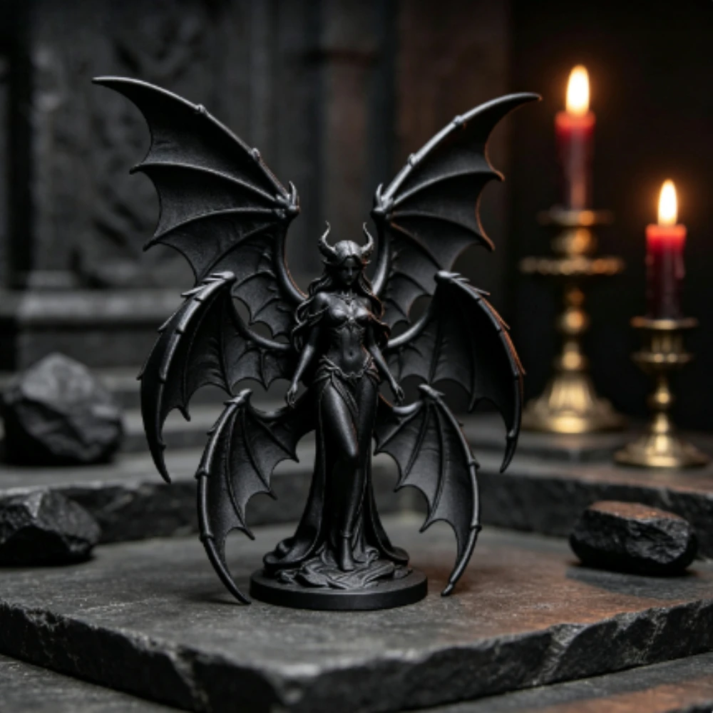 Six‑Wing Demon Queen Figurines 3D‑Printed Gothic Dark Fantasy Devil Statue with Horns Bat Wings Tabletop Desktop Ornaments Gifts