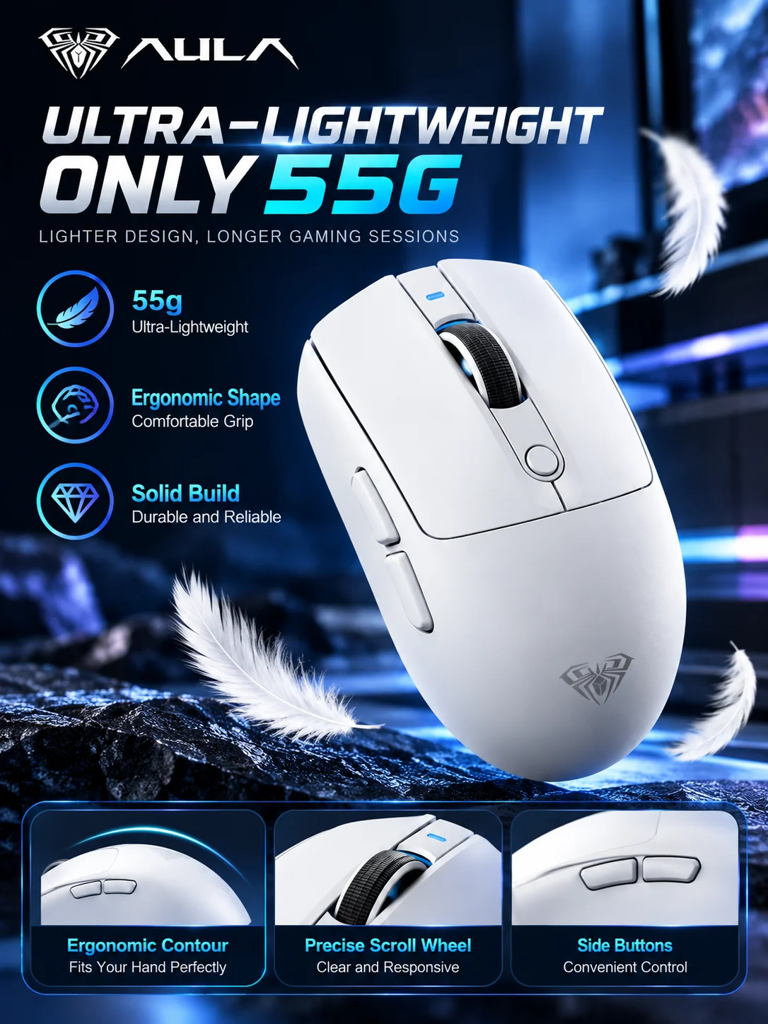 AULA V1 Wireless Gaming Mouse PAW3395 26000DPI Tri Mode 2.4G Bluetooth USB-C 55g Ergonomic RGB Mouse