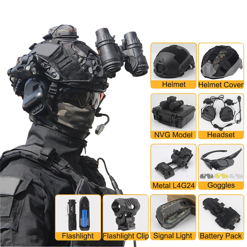 

Tactical Airsoft Helmet Set, with Headset NVG Model Flashlight Goggles Signal Light For Outdoor Sport Hunting Paintball Shooting