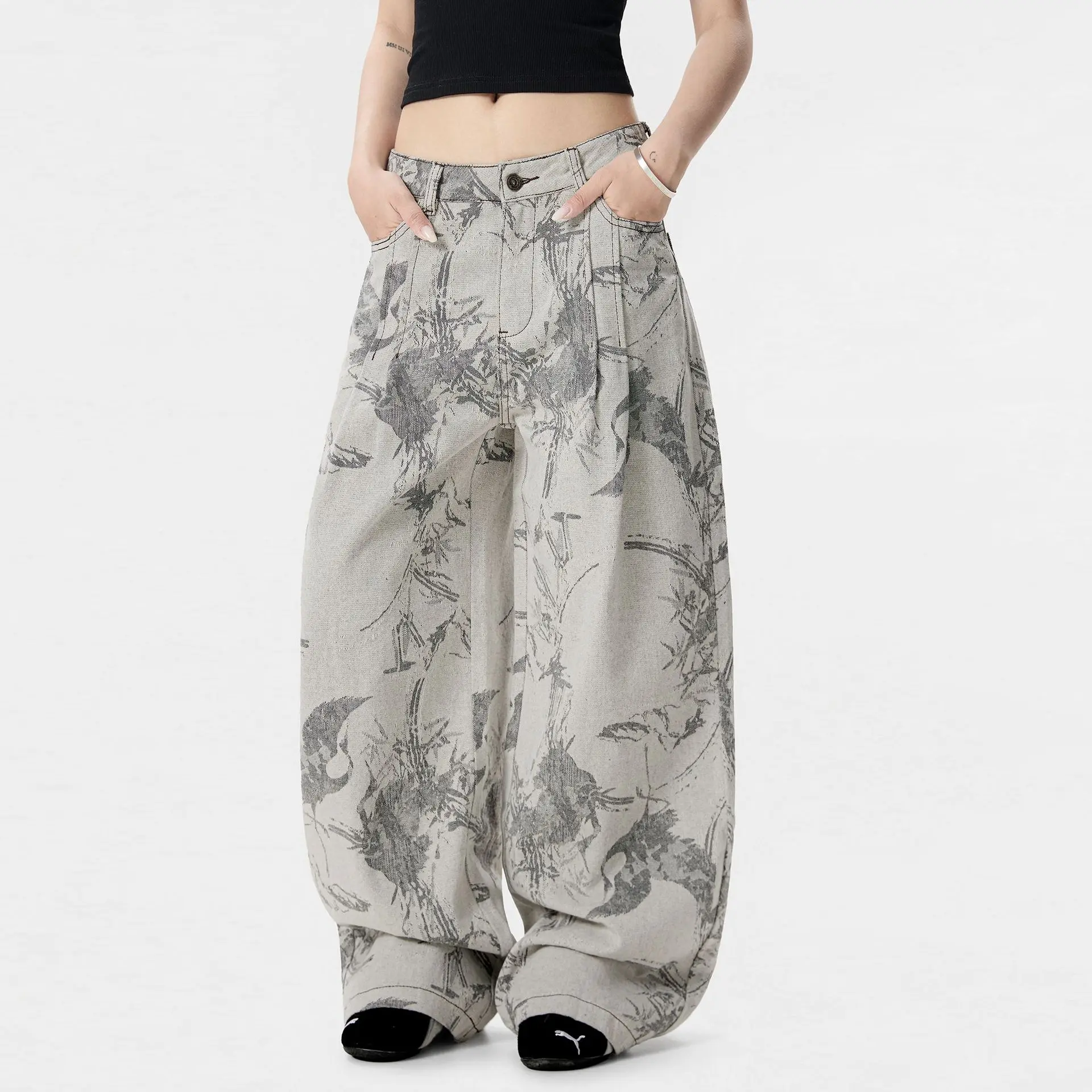 

OR FL Women's New Chinese Style Ink Wash Painting Print Jeans National Trend Advanced Design Sense Staraight Wide Leg Pants Y2k