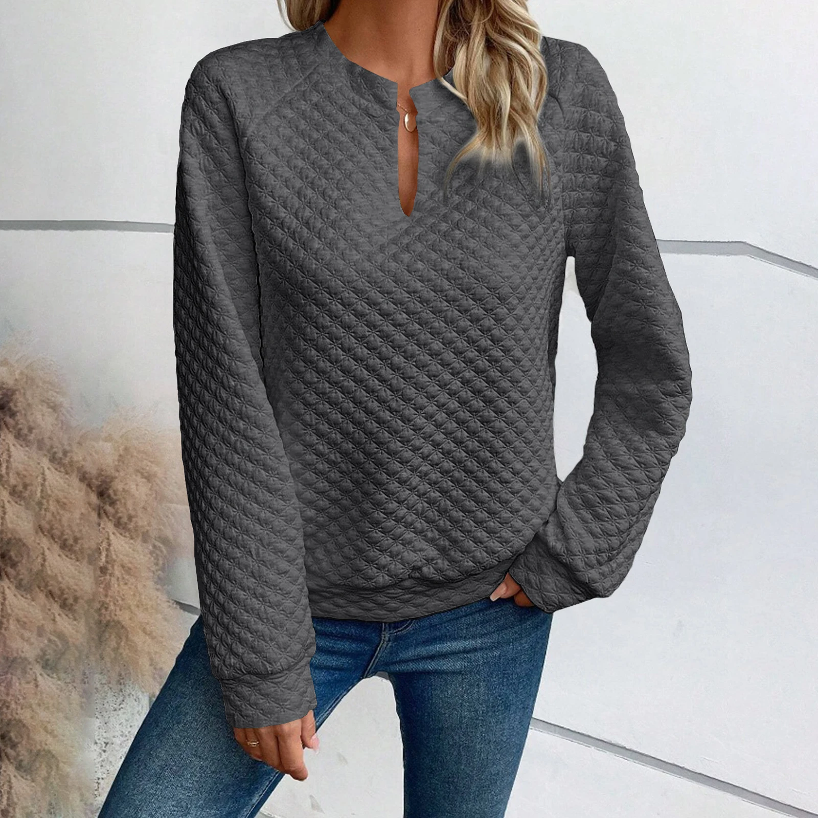 春秋の女性のルーズスウェットシャツカジュアル長袖 V ネックシンプルなプルオーバートップス