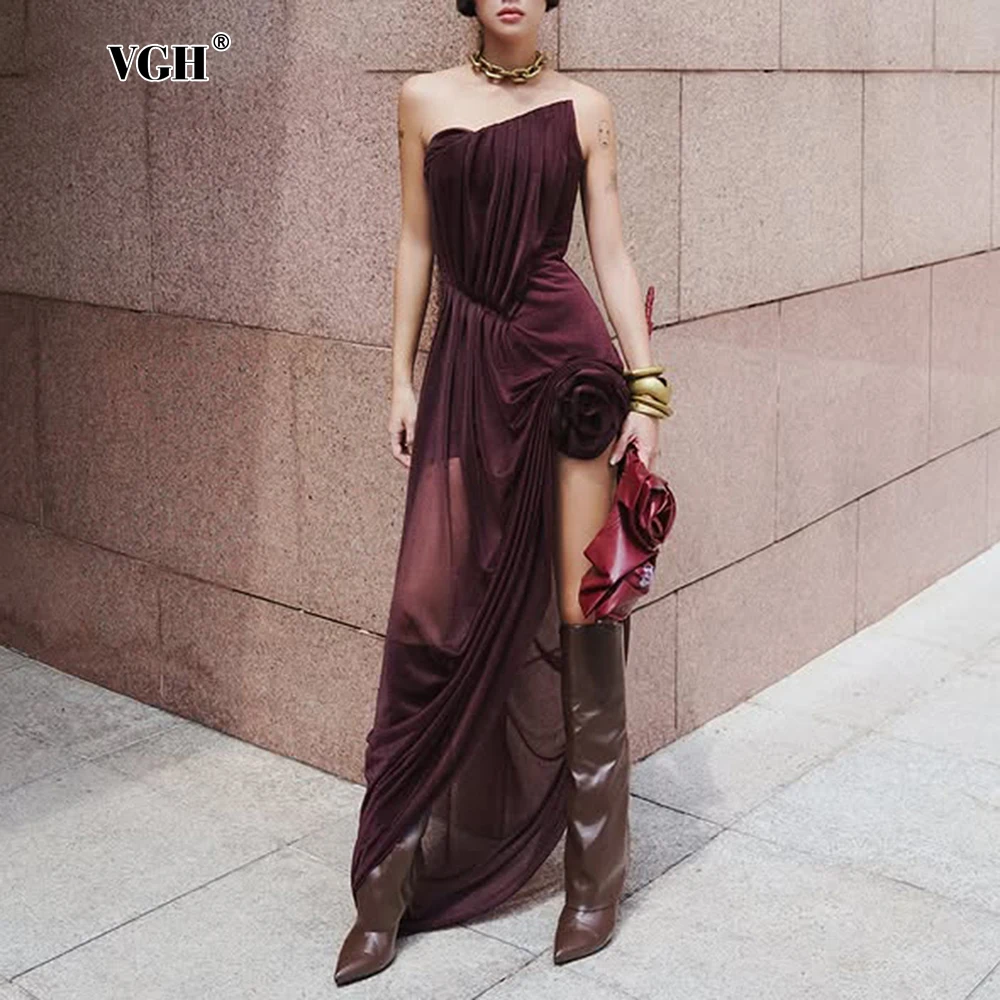 

VGH Fashion Events Фиолетовое макси-платье с открытыми плечами для женщин, приталенное, с 3D-акцентом в виде розы, драпированное, из прозрачной сетки, для роскошных ужинов