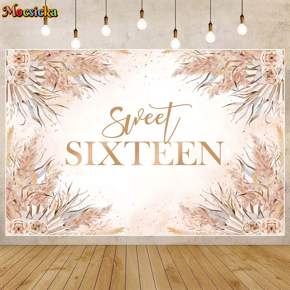 

Mocsicka Bohemian Sweet Sixteen Backdrops Photography Pampas Grass Girl 16th Birthday Party Decor Photo Background Custom Banner