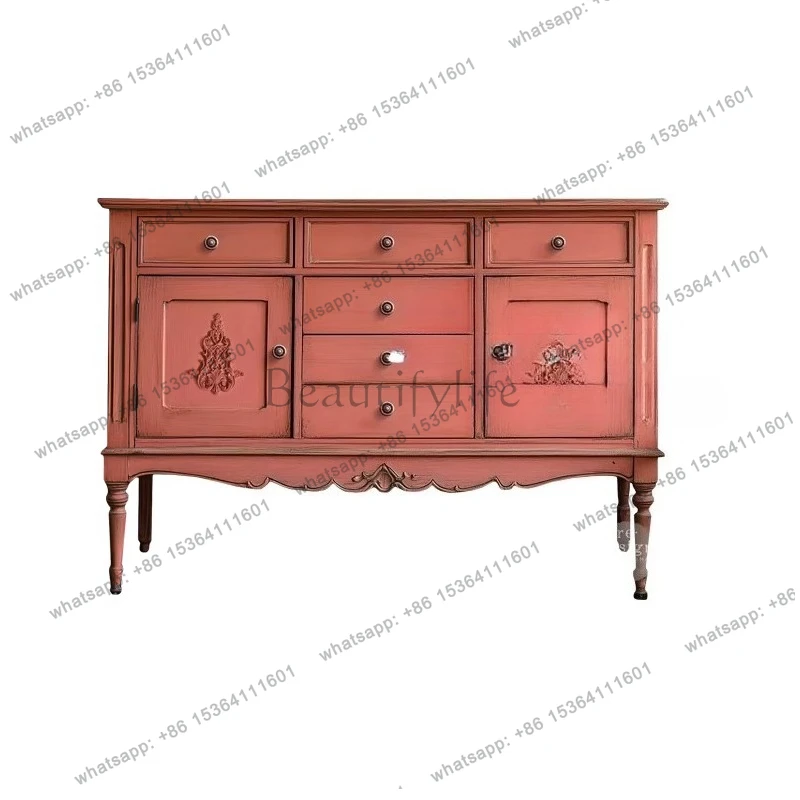 

French solid wood dining side cabinet American carved living room storage cabinet