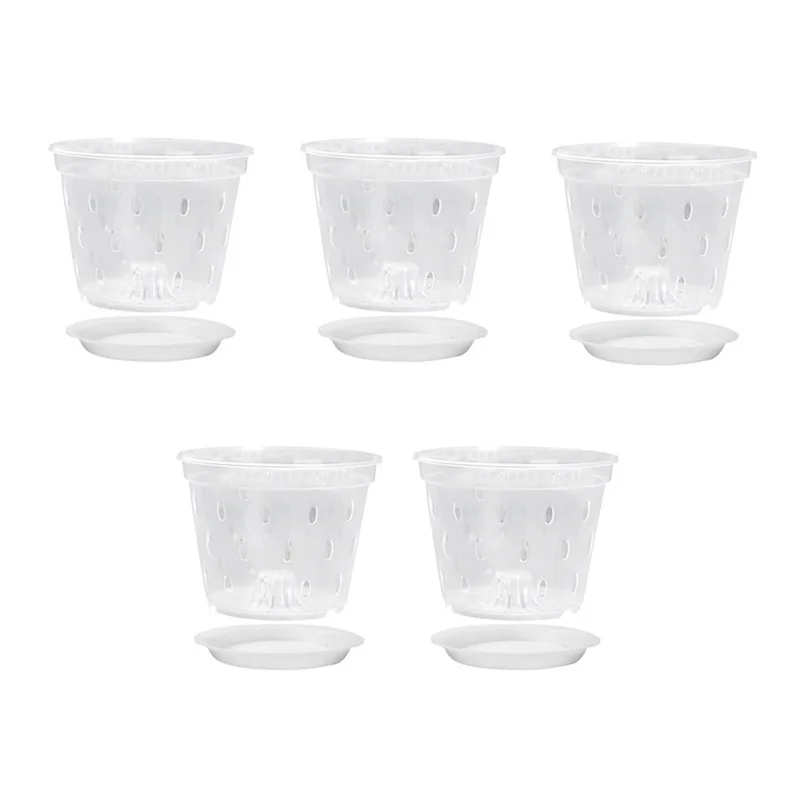 ABFS 7인치 - 5개의 화분과 받침, 구멍이 있는 투명 플라스틱 난초 화분 (분갈이용)