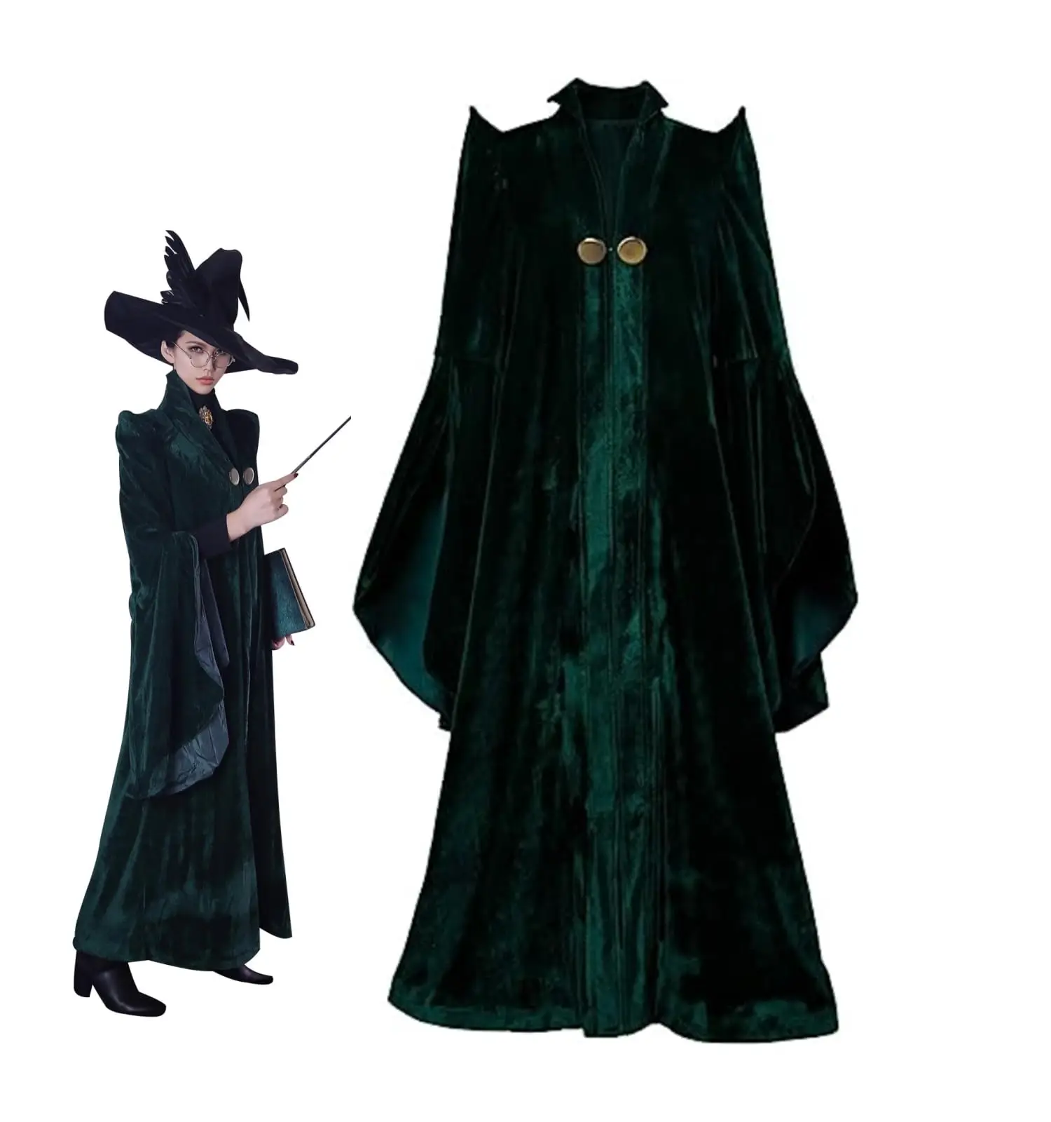 Mcgonagall Professor Costume Adult Women's Witch Halloween Cosplay Costume Movie Wizard Sorceress Cloak Robe Coat Wand Hat