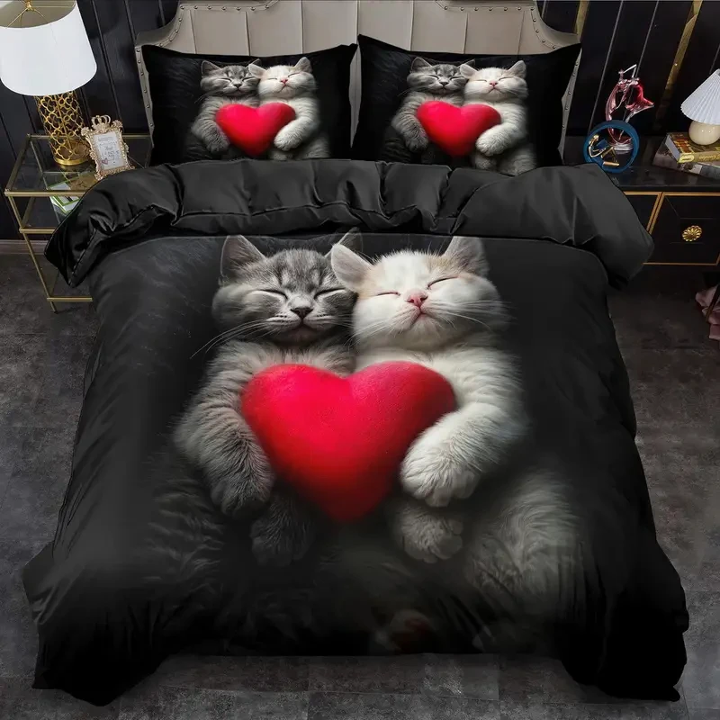 Cute Cat 3pcs Duvet Cover Set, 3D Digital Printed Duvet Cover, Soft Comfortable Breathable Bedding Set for Bedroom, Dorm
