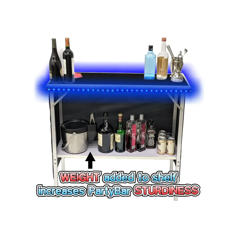 Portable Folding Party Bar w/LED Lights & Bar Skirts, Storage Shelf, Carrying Case, Customized