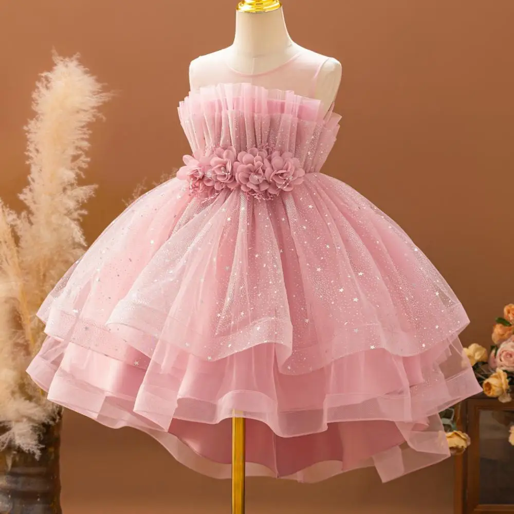 Spring and Summer Girls' New Solid Color Decal Sequin Sleeveless Mesh Trailing Princess Dress Wedding Flower Girl Dress