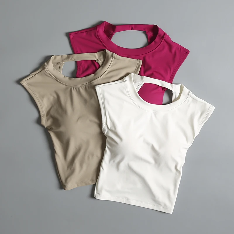 Gilet sportivo da yoga da donna T-shirt sexy a maniche corte con scollo all'americana Pettorina fissa Vita reversibile traspirante Abbigliamento fitness dimagrante