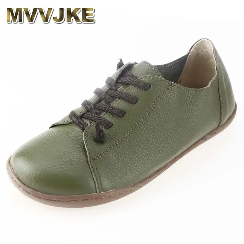 MVVJKE Women Shoes Flat 100% Authentic Leather Plain toe Lace up Ladies Shoes Flats Woman Moccasins Female Footwear