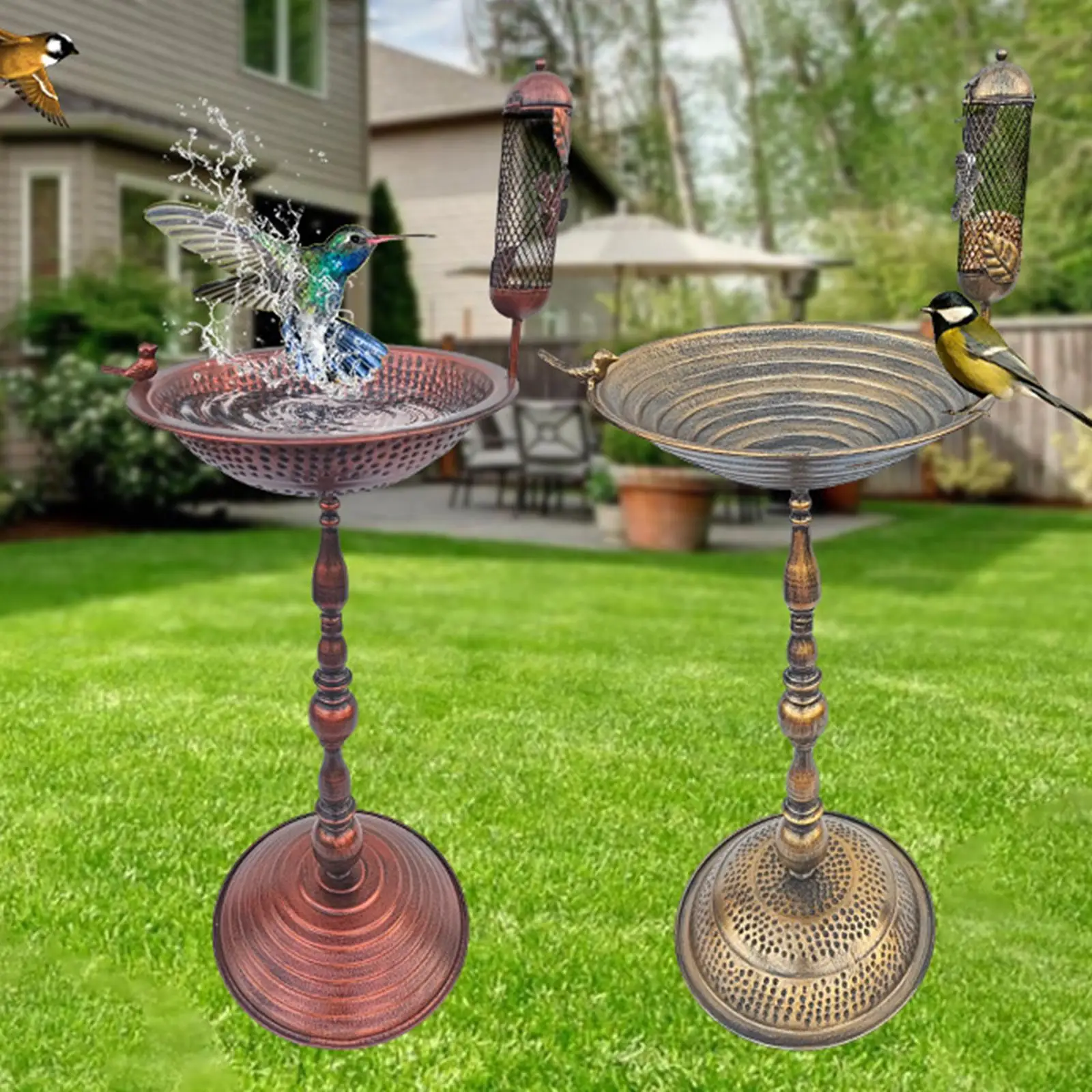 Iron Bird Bath Lawn Yard Crafts with Bird Statue for Outdoors Garden Decor