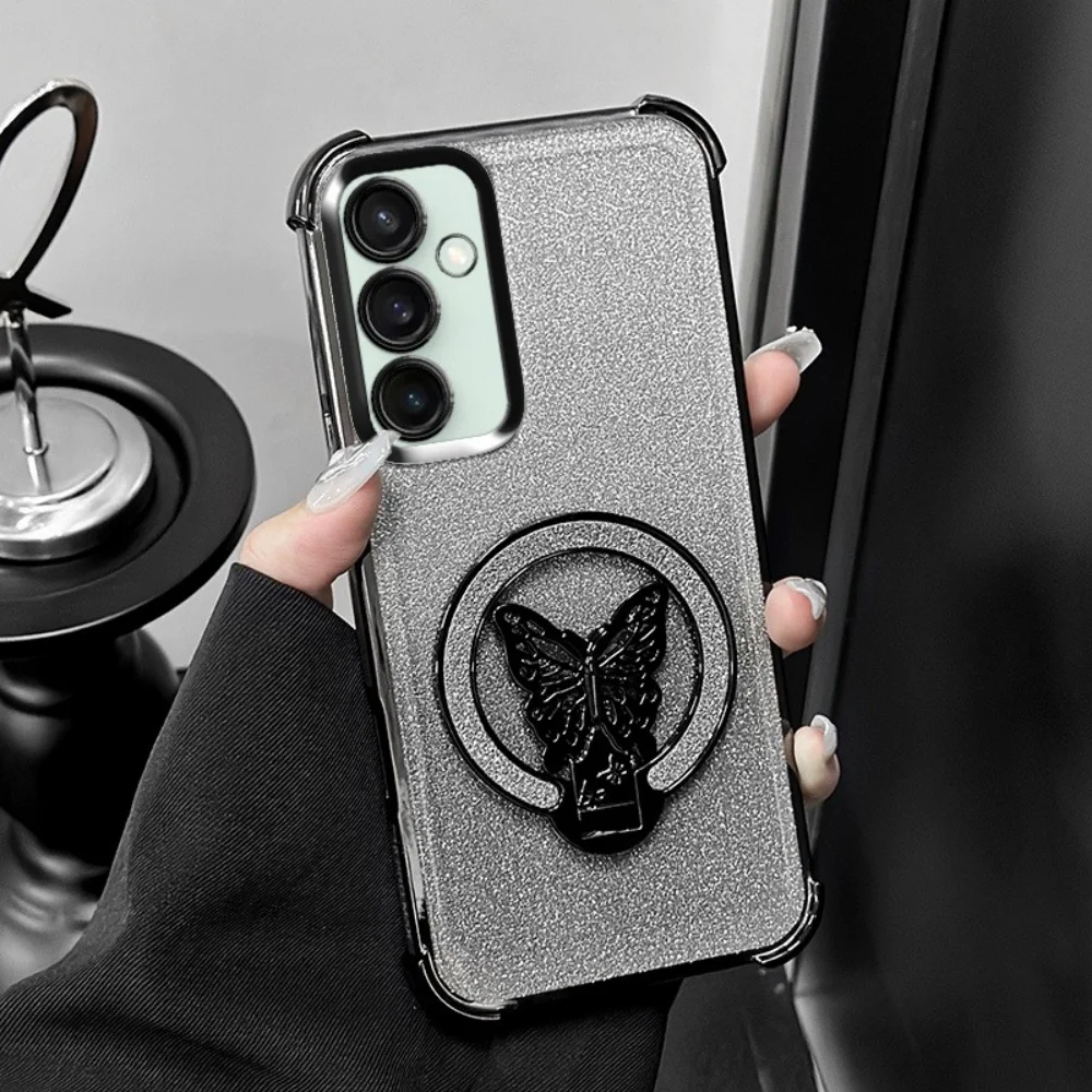 For Samsung A53 A52 A32 A23 A33 A73 A12 A22 A03S A02S Electroplated Butterfly Bracket With Glitter Paper Protection Soft Shell