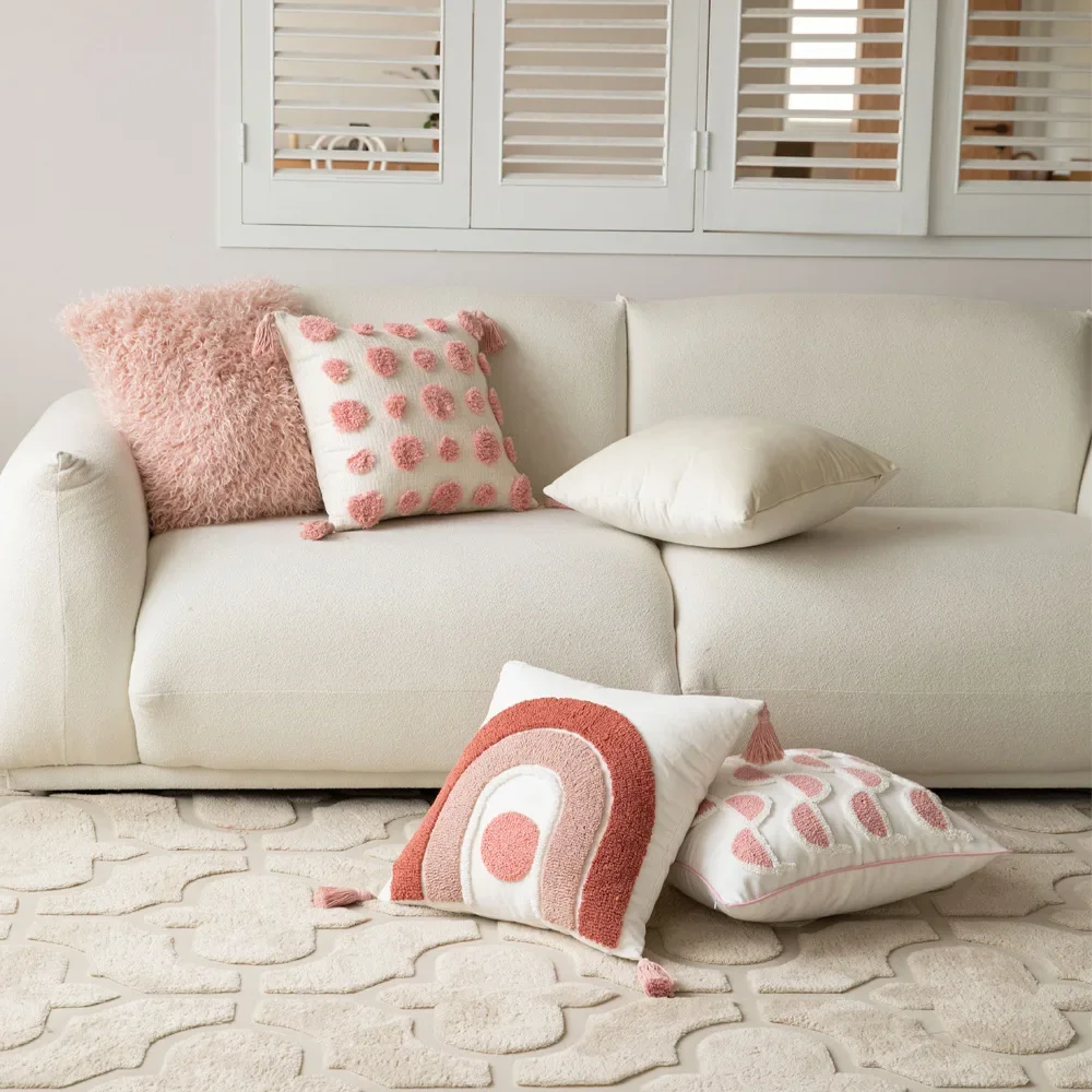 Pink Tufted Cushion Cover Geometric Printed Embroidered Loop Tuft Throw Pillow Covers Cojines Decorativos Para Sofá Home