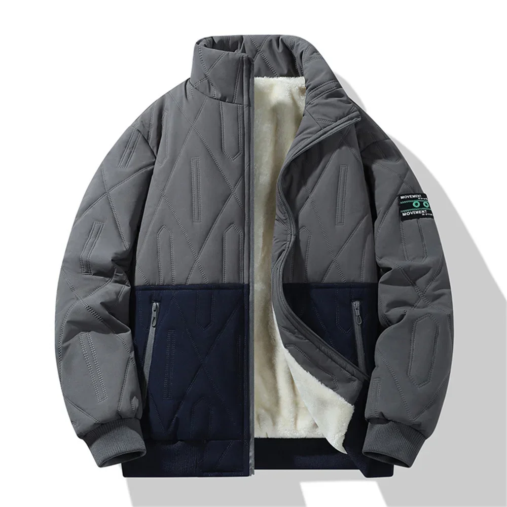 Winter Diamond-Pattern Fleece-Lined Parkas Man Thicken Cotton Coat Man's New Windproof Patchwork Color-Block Stand Collar Jacket