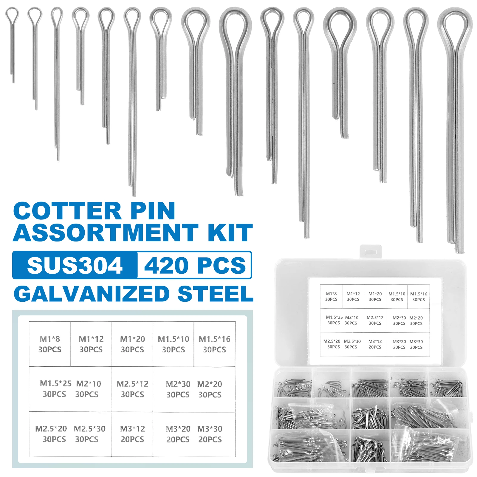 

420Pcs Cotter Pin Assortment Kit 304 Stainless Steel Cotter Pin Clip Key Fastner Fitting Assortment Kit for Automotive, Mechanic