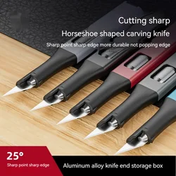 Pen-shaped DIY aluminum handle carving knife comes with 5 horseshoe art blades that can be replaced by yourself outdoor knives