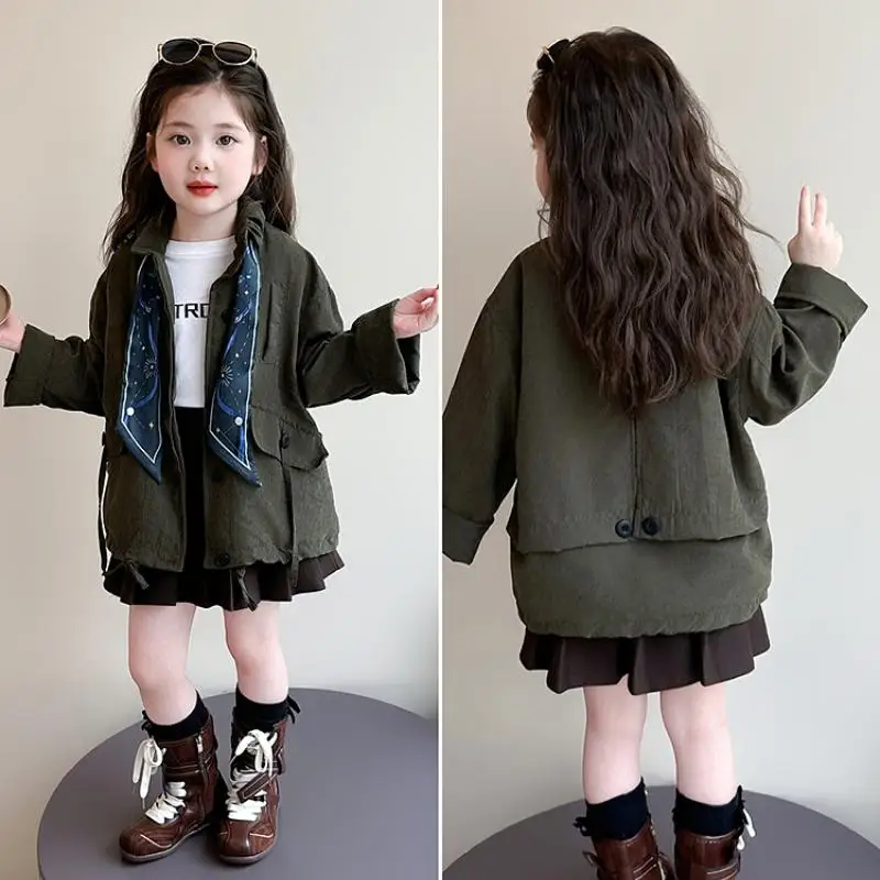Fashionable Trendy Girls' Outerwear for Autumn New Girls' Korean Version Coat Children's Double Breasted Mid Length Trench Coat
