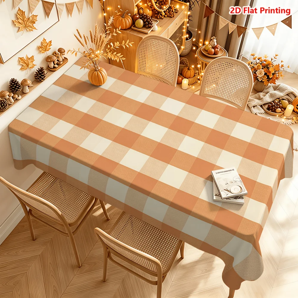 【JIT Product】1PC Autumn Tablecloth - Orange and White Checkered Polyester Fiber Tablecloth - Country Farmhouse Stylezyc