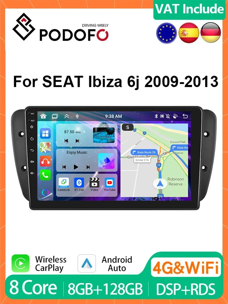 Podofo 9 "Autoradio Draadloze CarPlay Android Radio Voor SEAT IBIZA 6j 2009-2013 Multimedia GPS FM 4G WIFI Auto Intelligente Systemen - afbeelding 2