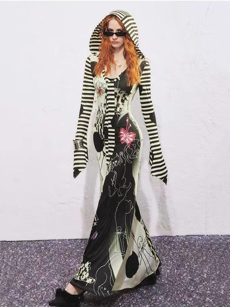 Y2K القوطية الشرير طباعة فستان بقلنسوة موضة الشارع الشهير سليم منتصف طول فستان هودي الأمريكية مخطط المرقعة Bodycon Vestidos