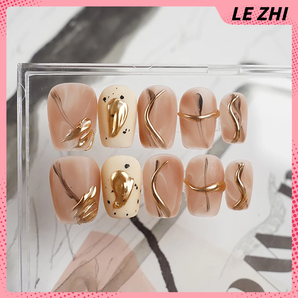 10Pcs Cartoon Fall Winter Short Square Full Cover Art Fake Nail Cat Eye Gold Magic Mirror Powder Glitter Diamond Press On Nails