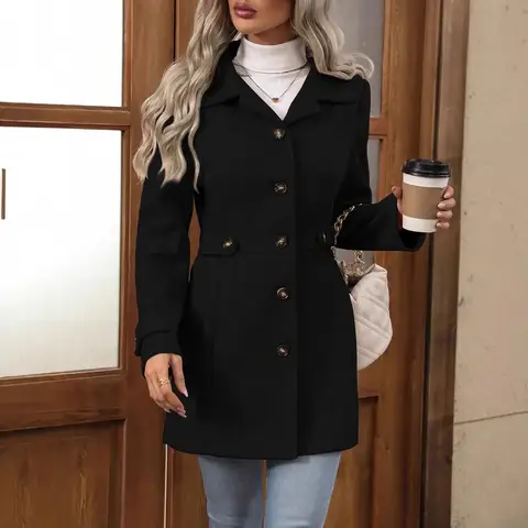 Autumn and Winter New Arrival Mid-Length Elegant Woolen Coat with Lapel and Buttons, Slim-Fit Style