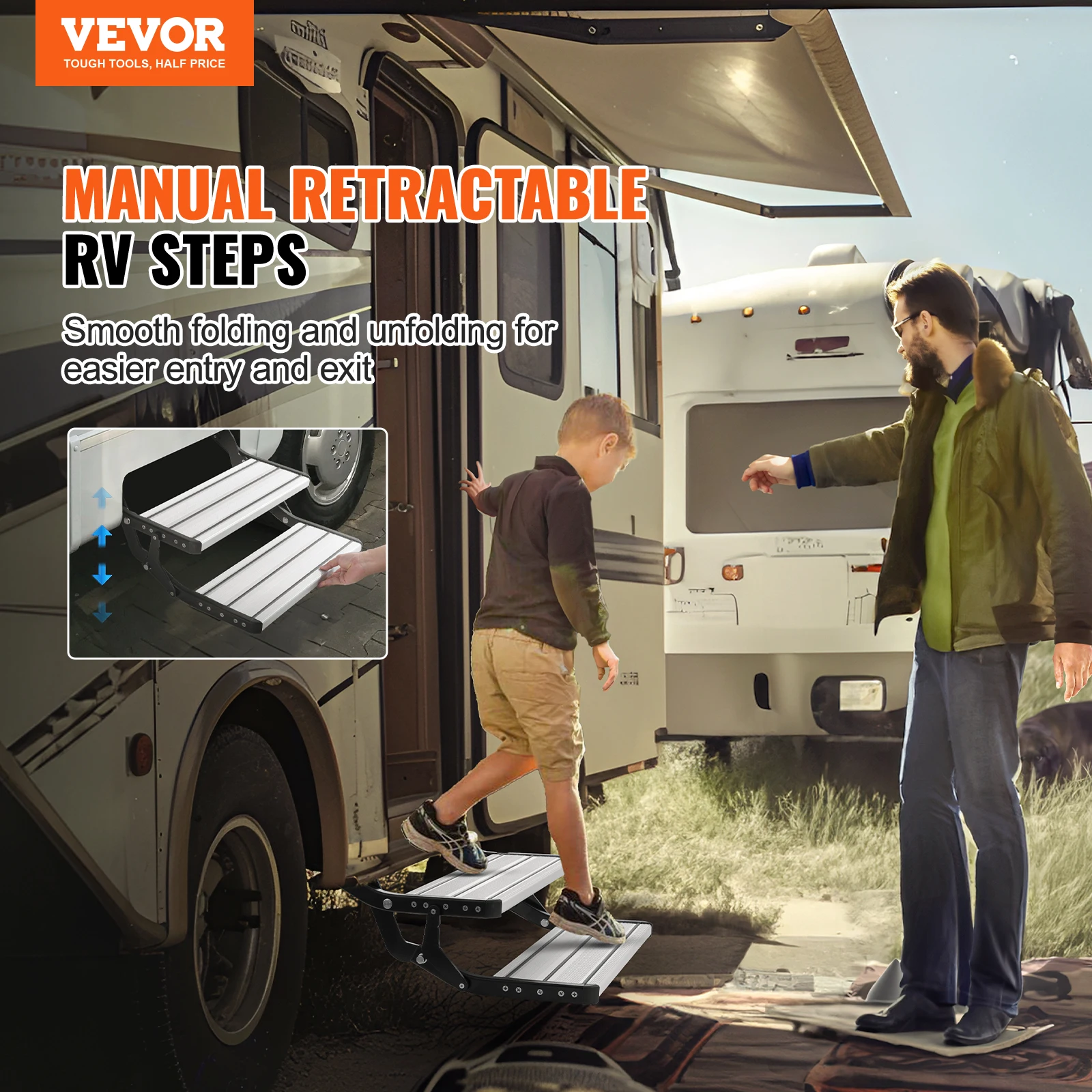 VEVOR RV Steps Manual Retractable RV 2-Step Foldable Aluminum Alloy Steps Thickened Non-Slip Steps for Safe Entry and Exit RV