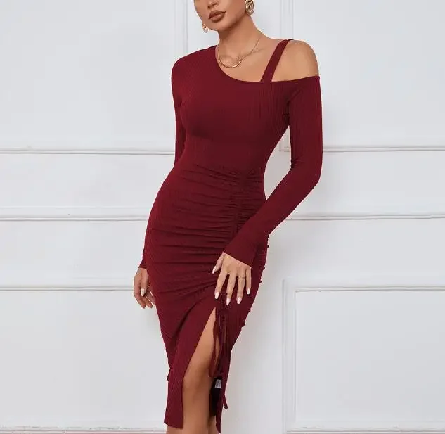 2026 Autumn/Winter Women's Split Shoulder Wrap Long Sleeve Sexy Dress Temperament Female Fashion Slimming Dresses
