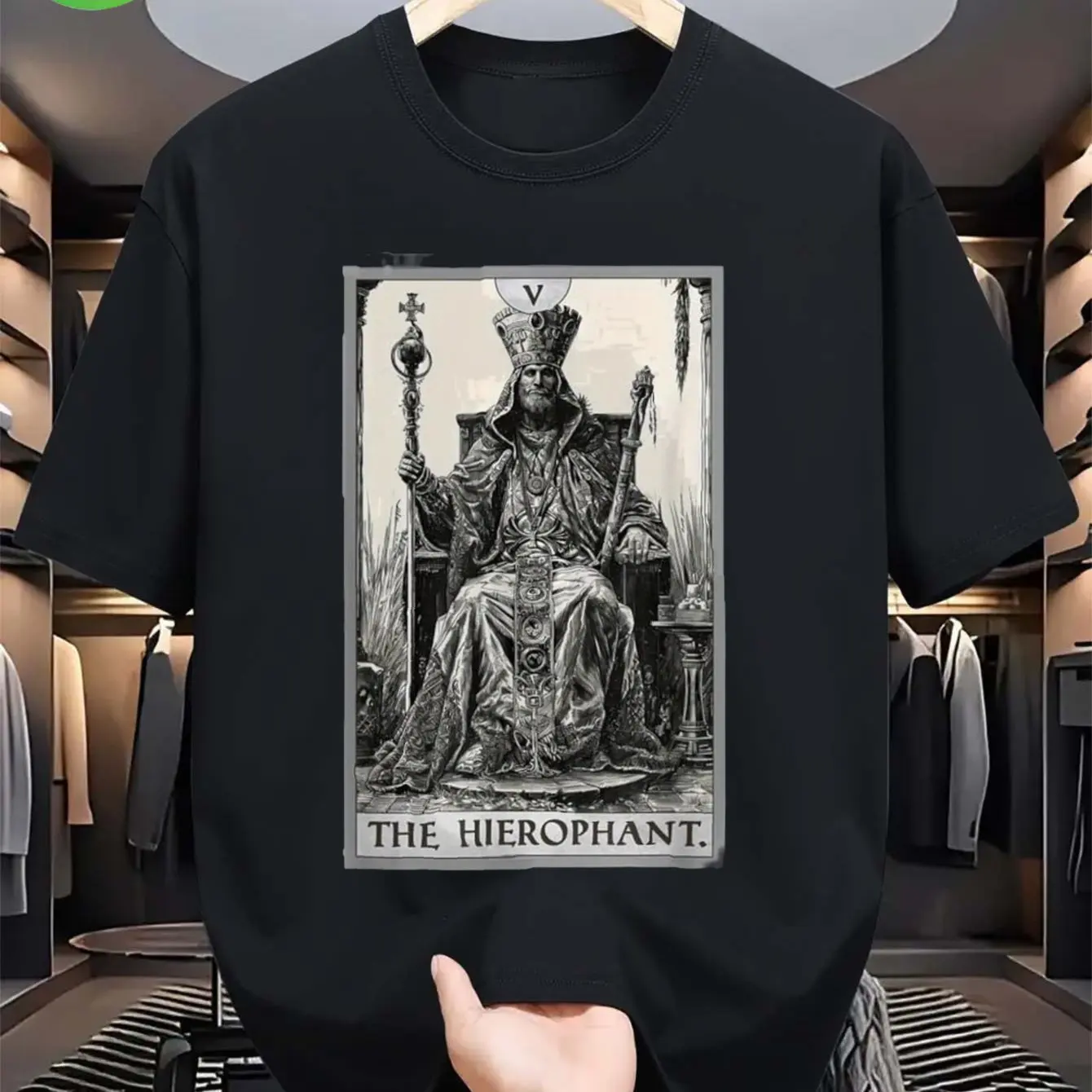 Men's Vintage Tarot Card 5 The Hierophant Occult T-Shirt Black Retro Graphic Tee with Hierophant Priesthood Design Short Sleeve