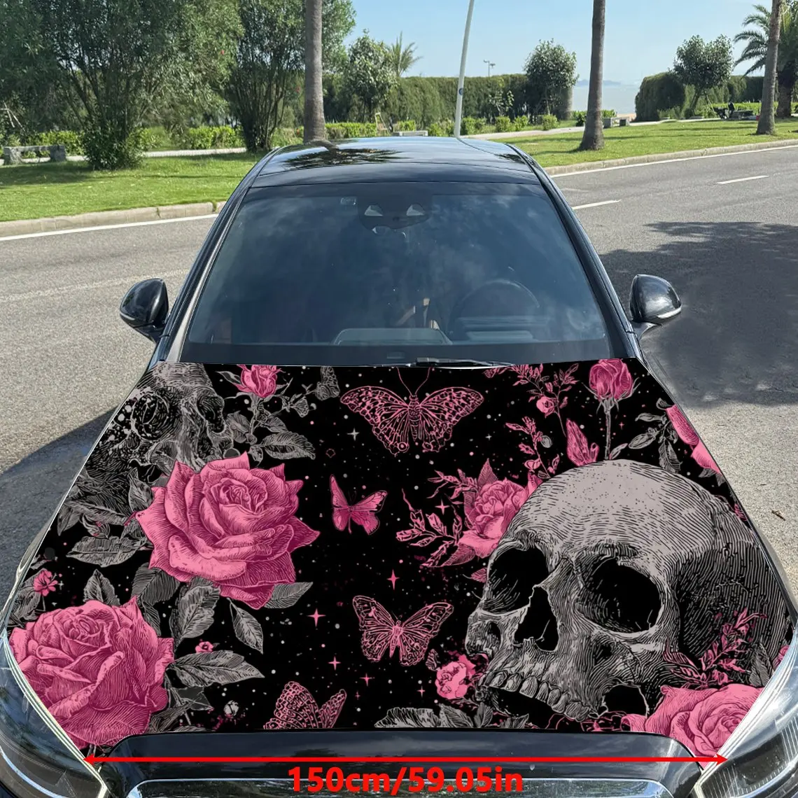 Car Decal Skull, Pink Roses, and Butterflies in Artistic Background & Gothic-Whimsical Visual Details Car Hood Sticker, Waterpro